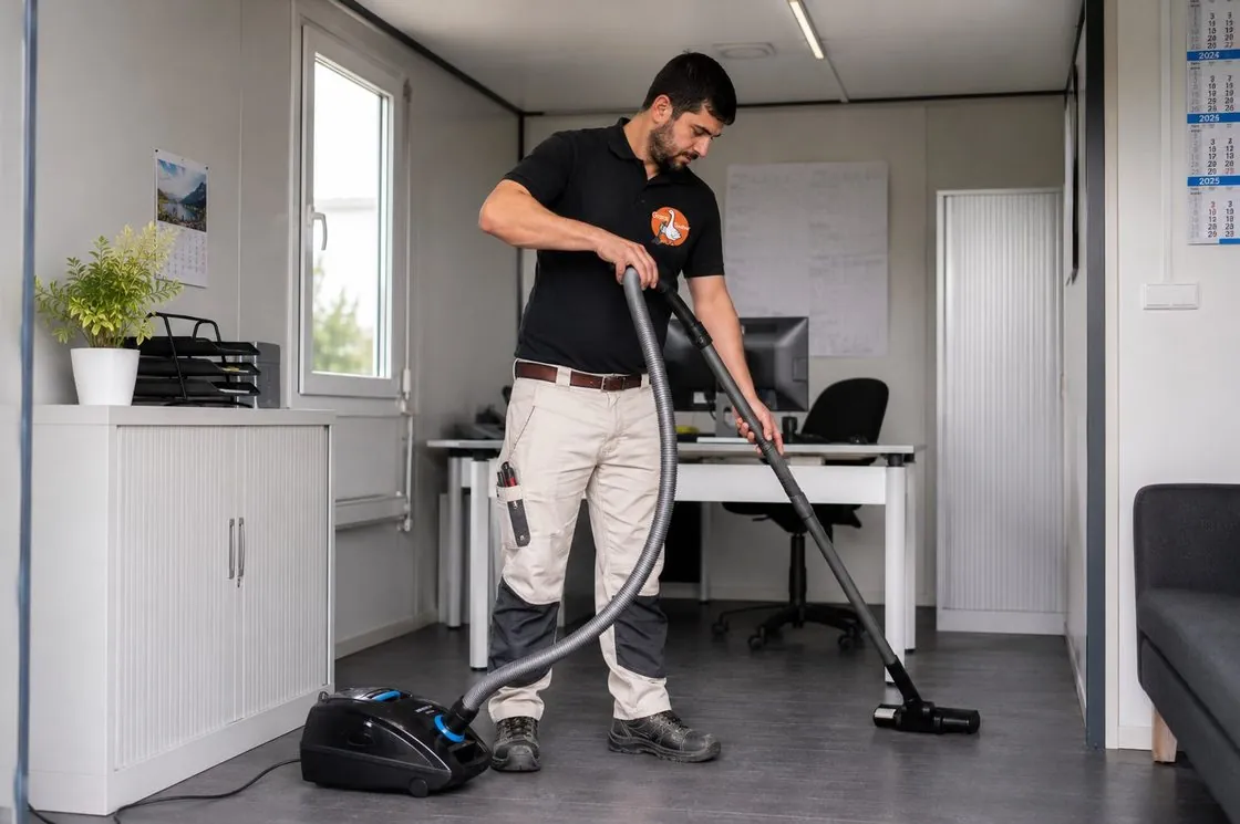 Gans Sauber Mitarbeiter bei der Containerreinigung in Konstanz: Innenreinigung eines Bürocontainers (KI generiertes Bild)